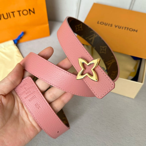 LV Flowergram 30mm Reversible Belt Gold Buckle Pink Brown Leather