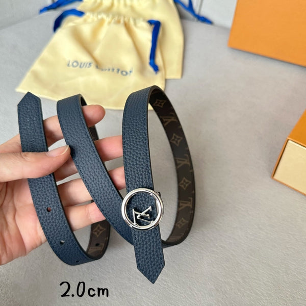 LV Circle 20mm Reversible Belt Silver Buckle Navy Blue Brown Leather