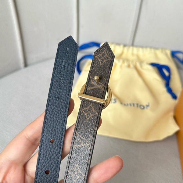 LV Circle 20mm Reversible Belt Gold Buckle Navy Blue Brown Leather