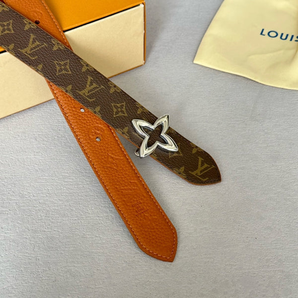 LV  MINI FLOWERGRAM 30MM REVERSIBLE BELT IN BRONZE BROWN EMBOSSED CALFSKIN SILVER HARDWARE