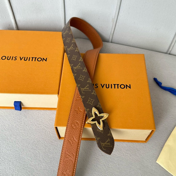 LV  MINI FLOWERGRAM 30MM REVERSIBLE BELT IN BRONZE BROWN EMBOSSED CALFSKIN GOLD HARDWARE