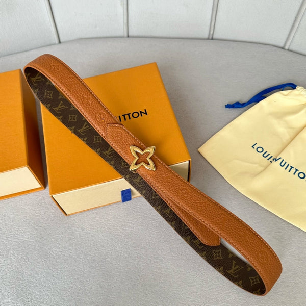 LV  MINI FLOWERGRAM 30MM REVERSIBLE BELT IN BRONZE BROWN EMBOSSED CALFSKIN GOLD HARDWARE