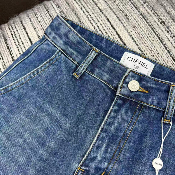 Chanel 2025 Jean Droit Perlé Logo Double C Coton Bleu 319001