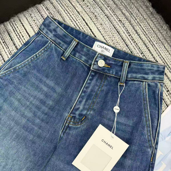 Chanel 2025 Jean Droit Perlé Logo Double C Coton Bleu 319001