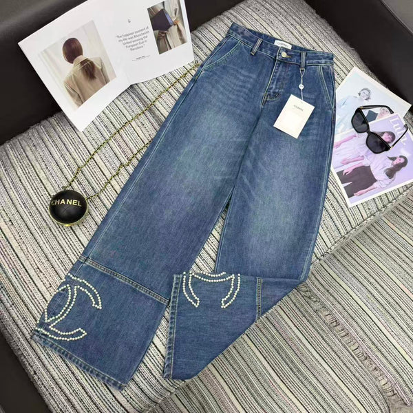 Chanel 2025 Jean Droit Perlé Logo Double C Coton Bleu 319001