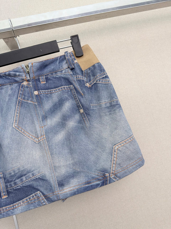 MM6 Printed Irregular Short Skirt Light Wash Baggy Denim 387958