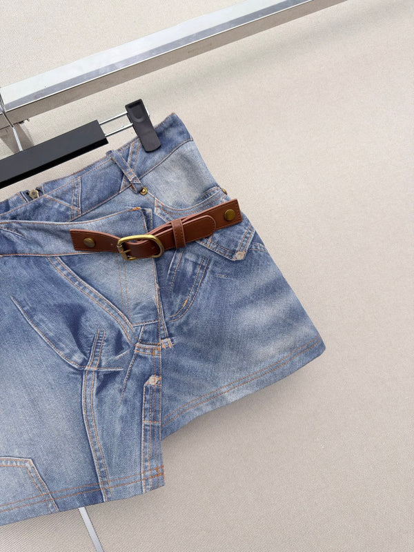 MM6 Printed Irregular Short Skirt Light Wash Baggy Denim 387958