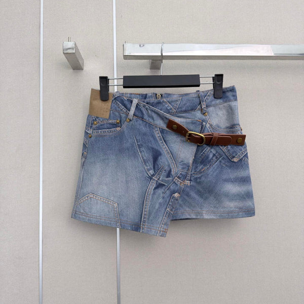 MM6 Printed Irregular Short Skirt Light Wash Baggy Denim 387958