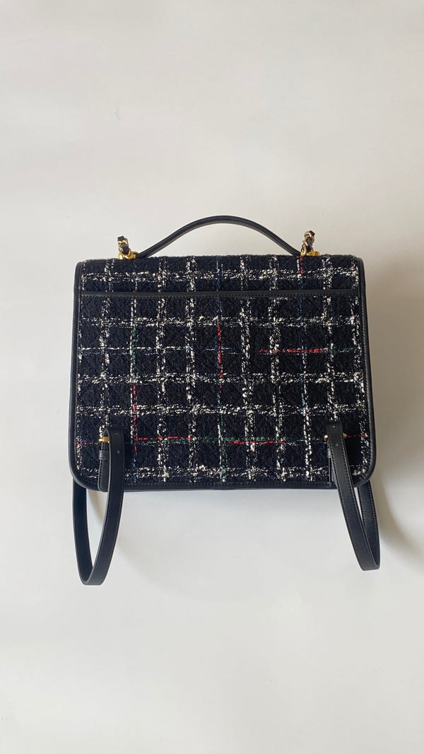 CC 2025 Sac à rabat mini à poignée supérieure en tweed noir