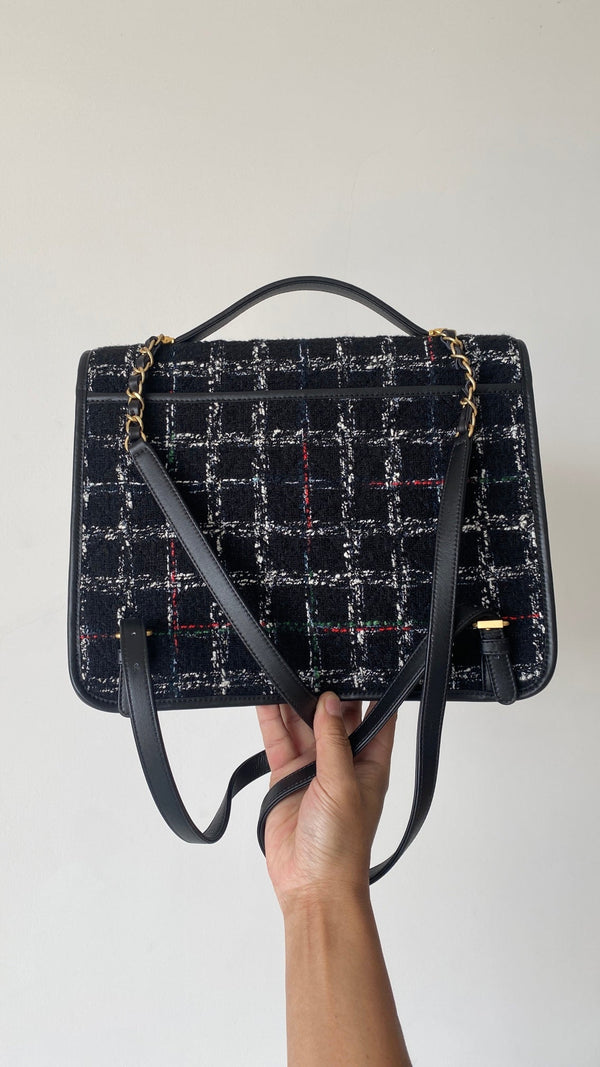 CC 2025 Sac à rabat mini à poignée supérieure en tweed noir
