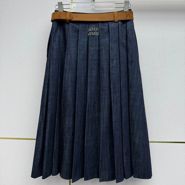 Miumiu 2026 Jupe plissée rétro en jean, coton bleu 351555