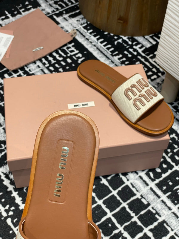 Miu 25S Beige and Brandy Canvas and leather slides 227134