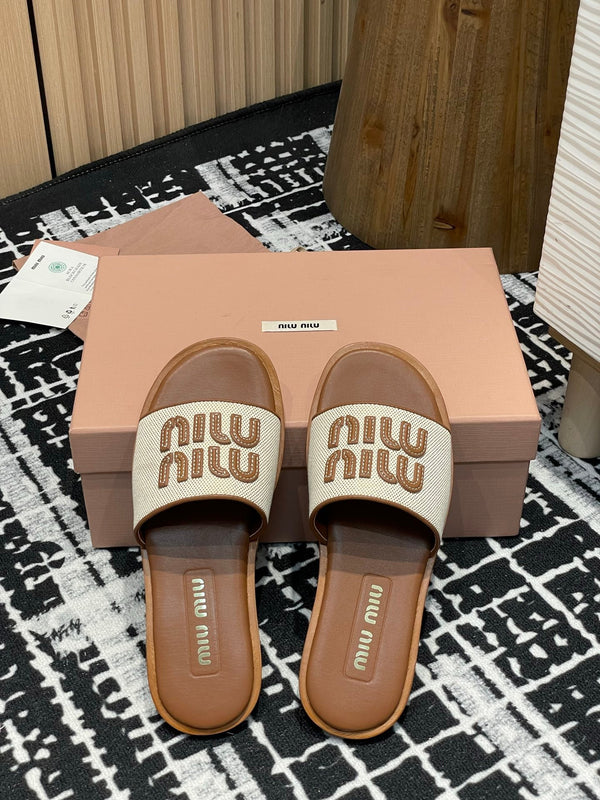 Miu 25S Beige and Brandy Canvas and leather slides 227134