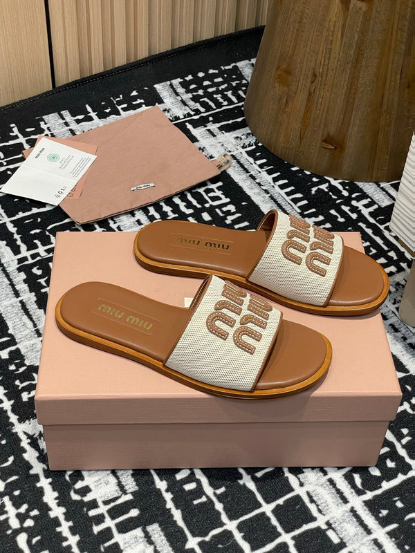 Miu 25S Beige and Brandy Canvas and leather slides 227134