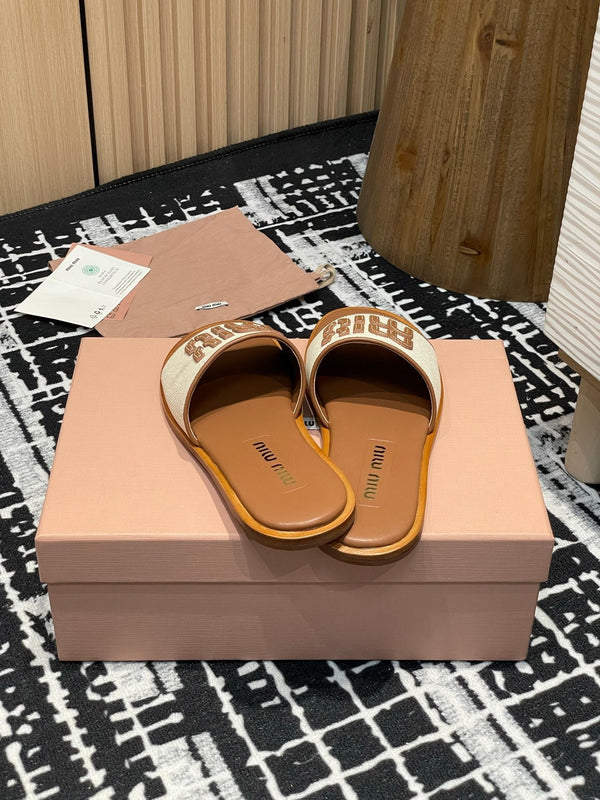 Miu 25S Beige and Brandy Canvas and leather slides 227134