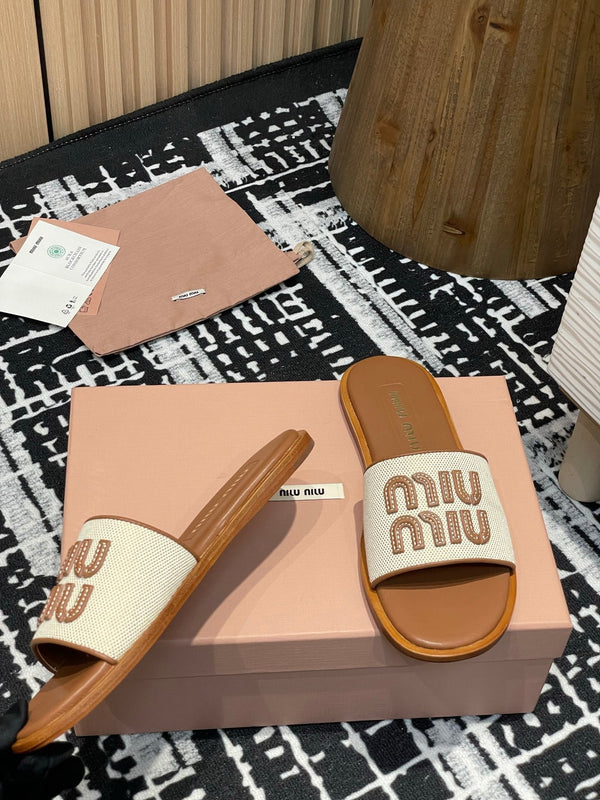 Miu 25S Beige and Brandy Canvas and leather slides 227134