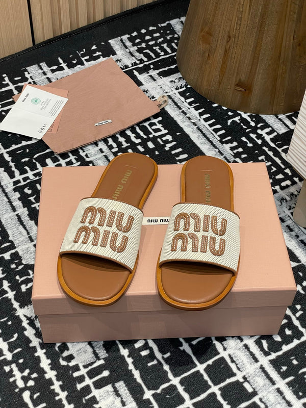 Miu 25S Beige and Brandy Canvas and leather slides 227134