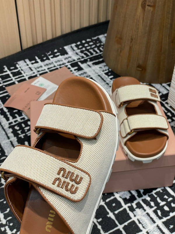 Miu 25S Beige and Brandy Canvas slides 227136