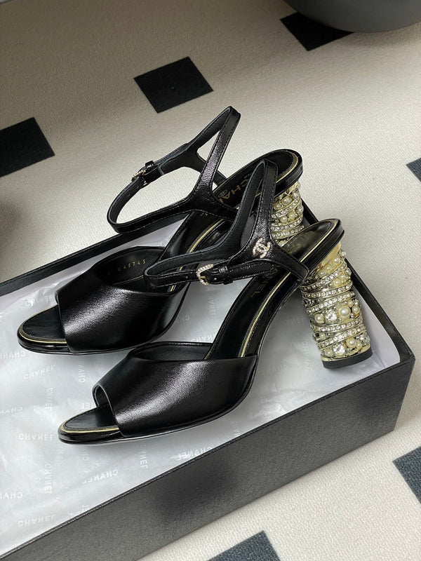 CC 25p Slingback Heel 8cm Black Calfskin