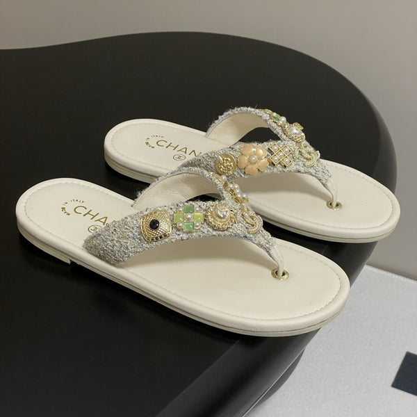 CC Spring-Summer 25P Thongs Cream Tweed anb Metal 247688