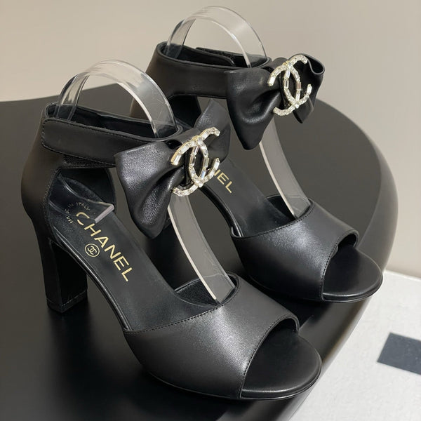 CC 25S Double C Rhinestone Buckle Bow High Heel Sandal 85 Black Sheepskin 247568
