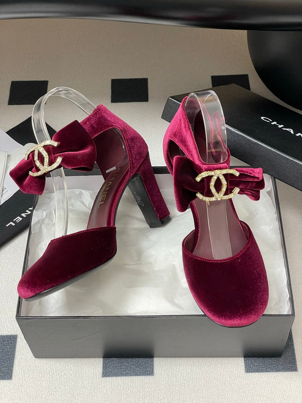 CC 25S Double C Rhinestone Buckle Bow High Heel Pump 85 Wine Velvet 247569