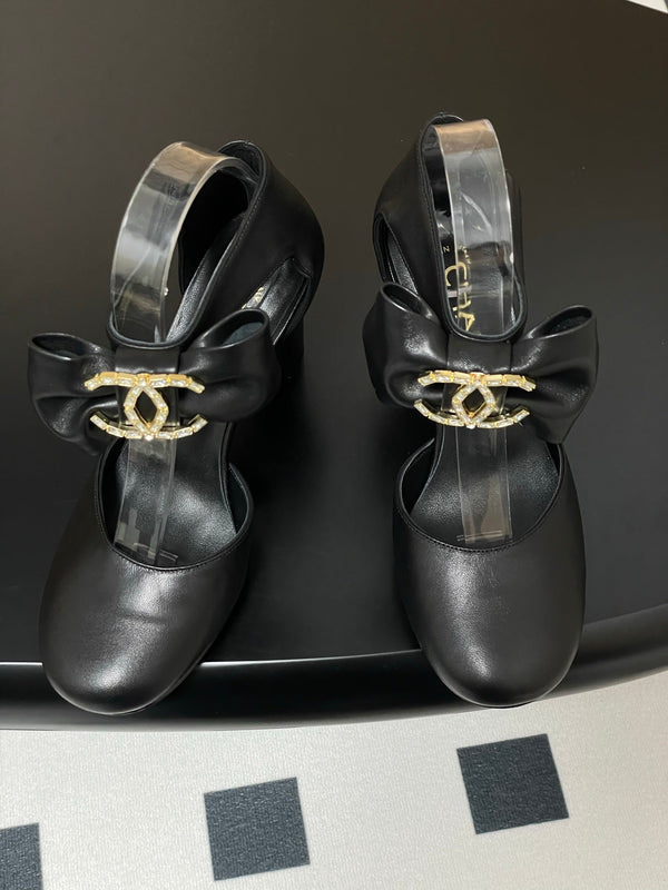 CC 25S Double C Rhinestone Buckle Bow High Heel Pump 85 Black Sheepskin 247573