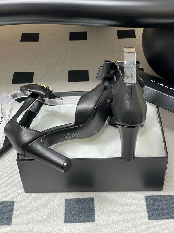 CC 25S Double C Rhinestone Buckle Bow High Heel Pump 85 Black Sheepskin 247573