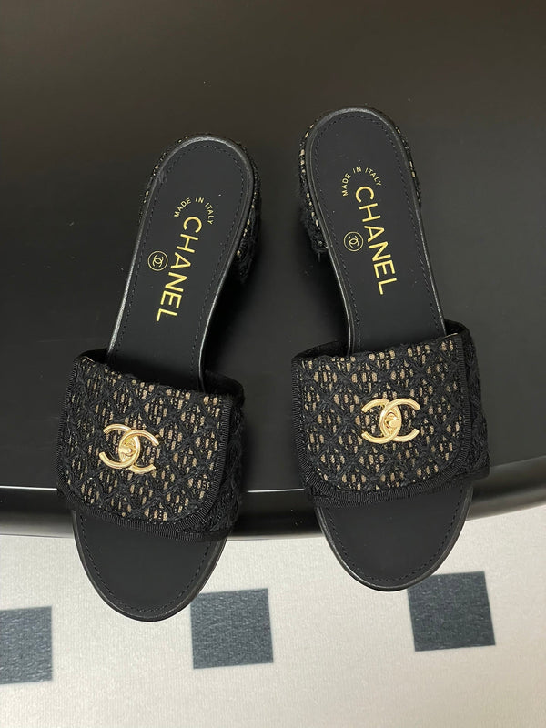 CC 25S Buckle Bag Mule Sandal 50mm Black Lace Fabric and Sheepskin 247593