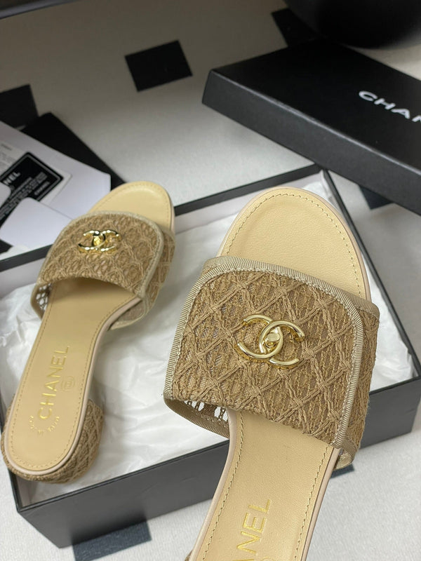 CC 25S Buckle Bag Mule Sandal 50mm Beige Lace Fabric and Sheepskin 247595