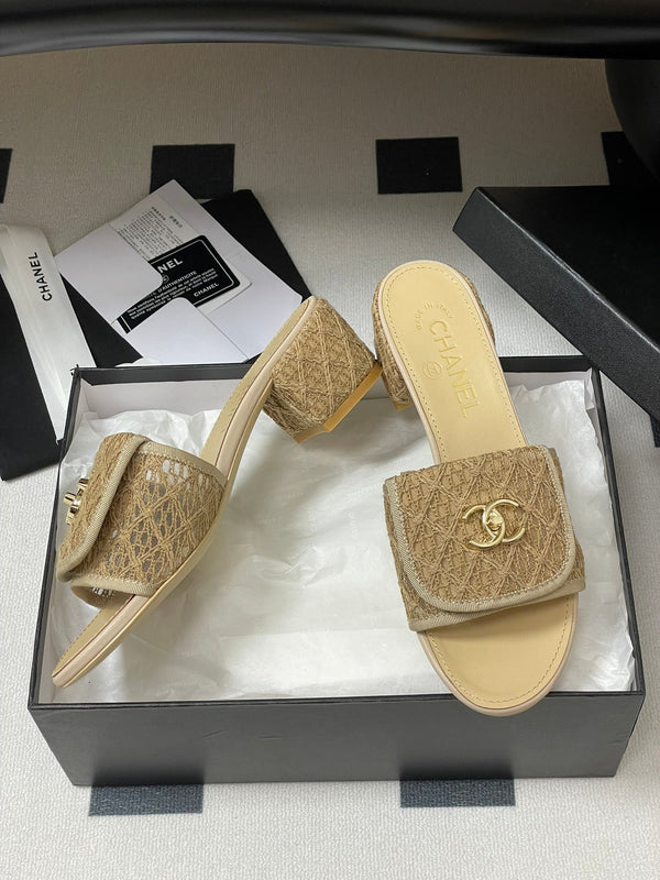 CC 25S Buckle Bag Mule Sandal 50mm Beige Lace Fabric and Sheepskin 247595