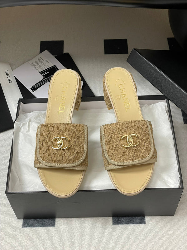 CC 25S Buckle Bag Mule Sandal 50mm Beige Lace Fabric and Sheepskin 247595