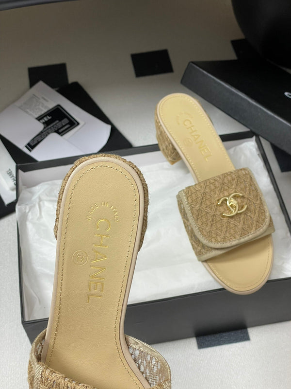 CC 25S Buckle Bag Mule Sandal 50mm Beige Lace Fabric and Sheepskin 247595