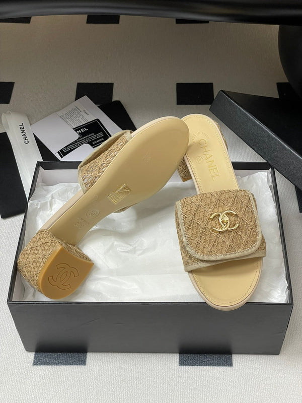 CC 25S Buckle Bag Mule Sandal 50mm Beige Lace Fabric and Sheepskin 247595
