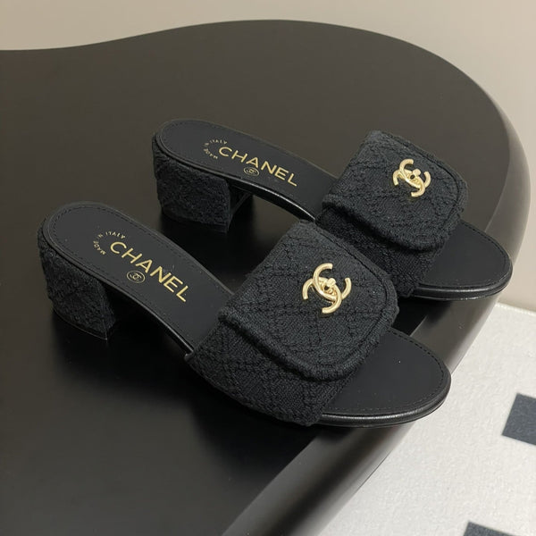CC 25S Buckle Bag Mule Sandal 50mm Black Fabric and Sheepskin 247600