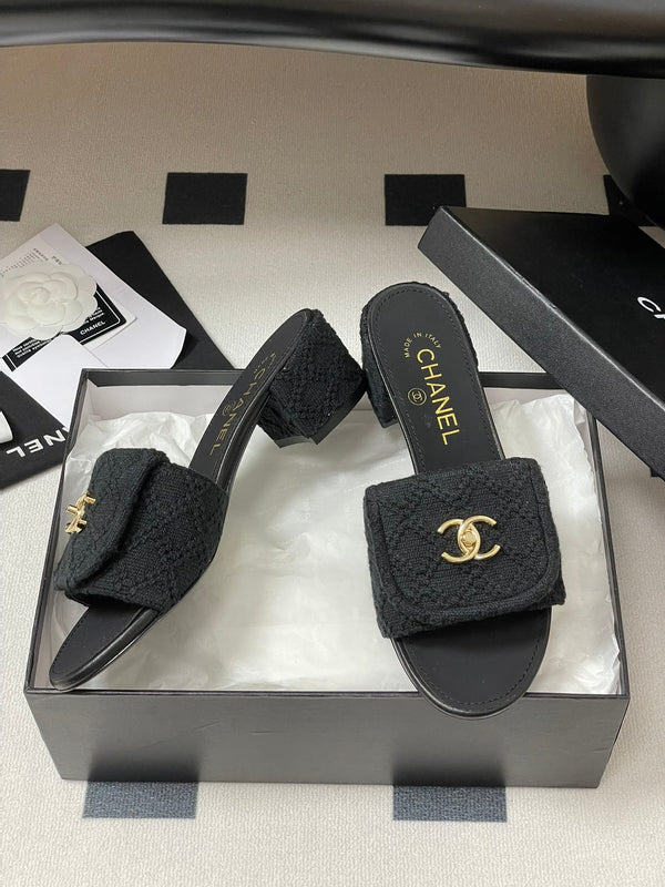 CC 25S Buckle Bag Mule Sandal 50mm Black Fabric and Sheepskin 247600