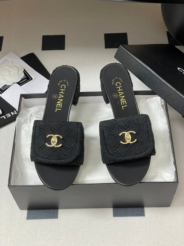 CC 25S Buckle Bag Mule Sandal 50mm Black Fabric and Sheepskin 247600