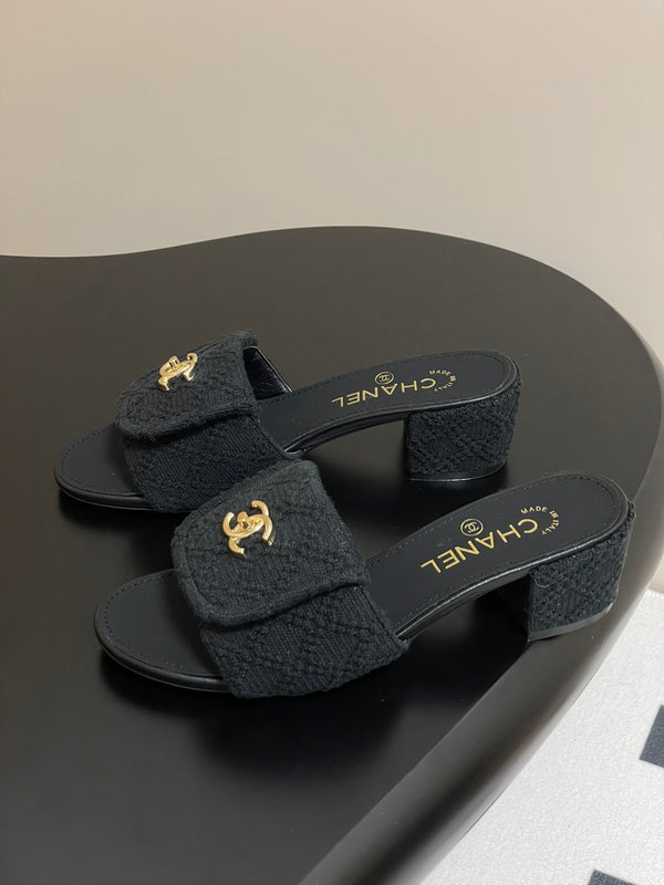 CC 25S Buckle Bag Mule Sandal 50mm Black Fabric and Sheepskin 247600