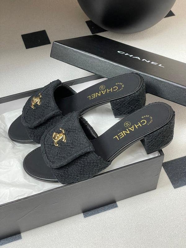 CC 25S Buckle Bag Mule Sandal 50mm Black Fabric and Sheepskin 247600