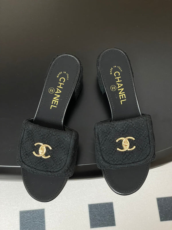 CC 25S Buckle Bag Mule Sandal 50mm Black Fabric and Sheepskin 247600