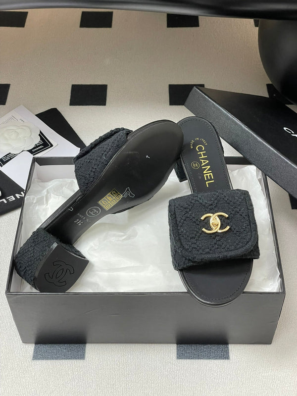 CC 25S Buckle Bag Mule Sandal 50mm Black Fabric and Sheepskin 247600