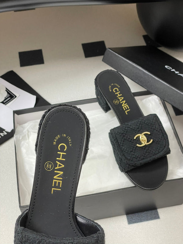 CC 25S Buckle Bag Mule Sandal 50mm Black Fabric and Sheepskin 247600
