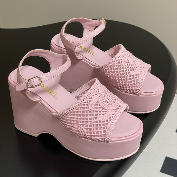 CC 25S Small Wedge Thick-Soled Sandal 10cm Pink Woven 247604