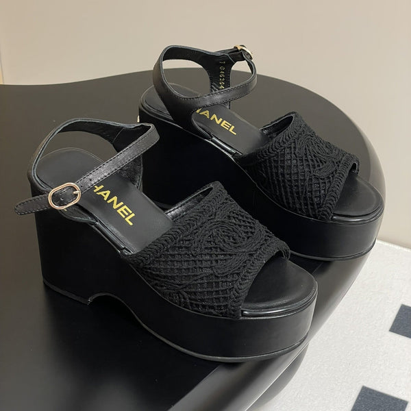 CC 25S Small Wedge Thick-Soled Sandal 10cm Black Woven 247606