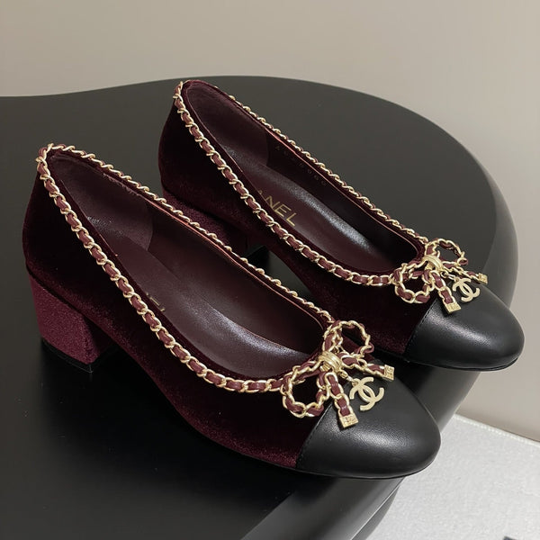 CC 25S 60mm Chain Bow Single Pumps Burgundy Velvet Black Sheepskin 247661