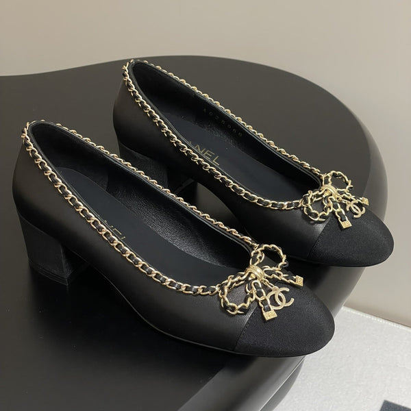CC 25S 60mm Chain Bow Single Pumps Black Sheepskin Grosgrain 247664