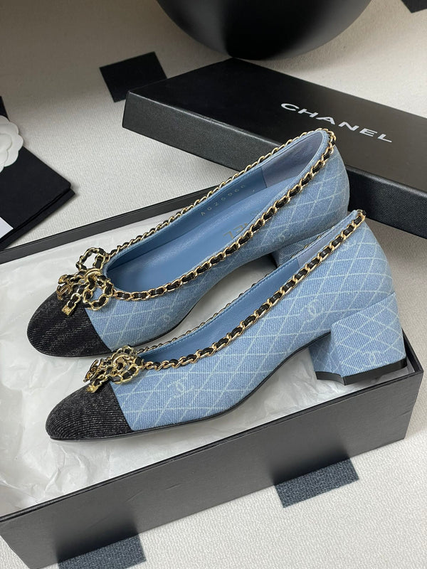 CC 25S 60mm Chain Bow Single Pumps Blu Denim Nero Grosgrain 247665