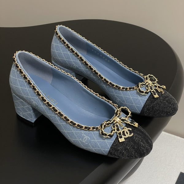 CC 25S 60mm Chain Bow Single Pumps Blu Denim Nero Grosgrain 247665