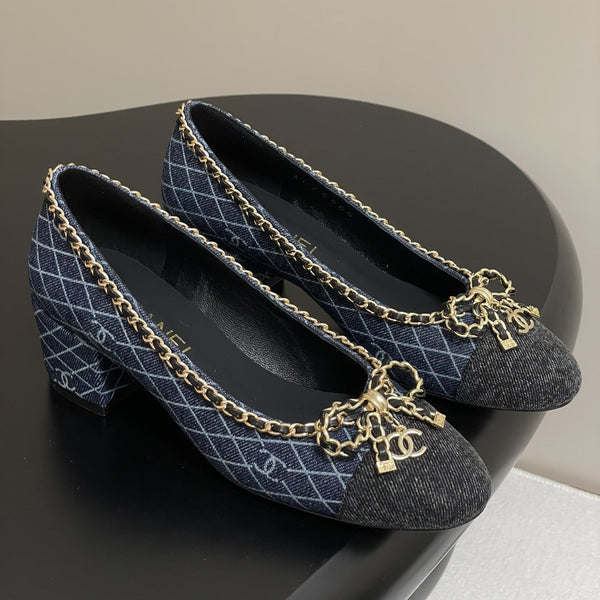 CC 25S 60mm Chain Bow Single Pumps Blu scuro Denim Nero Grosgrain 247666