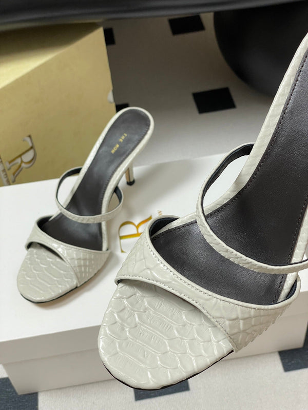 The Row 25S Strap High Heel Mule Sandals 85mm White Snake Pattern Cowhide 286204